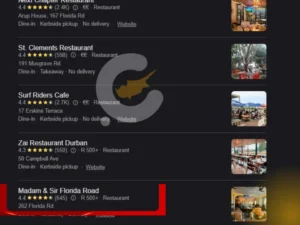 “Madam & Sir Restaurant ranking #1 in Durban Google search results.
