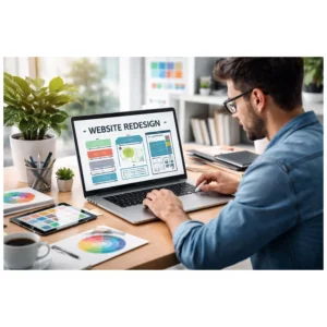 Website redesign Cyprus concept showing a web designer working on modern website layout