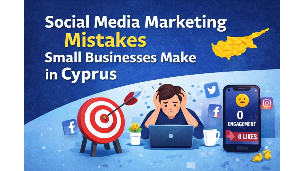 Frustrated small business owner with 0 engagement on social media, highlighting common social media marketing mistakes in Cyprus